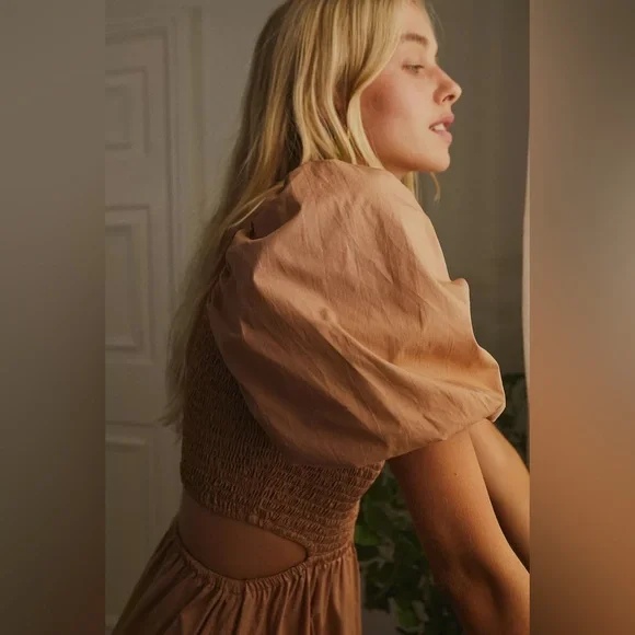 Anthropologie Faithfull the Brand Bloom Smock Midi Dress Hazelnut - Size 10/XL - Picture 4 of 11